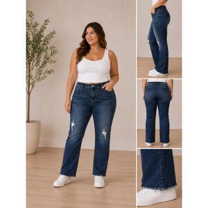 Torrid Boyfriend Straight Jeans 14 Blue Distressed Frayed Rise Stretch Denim